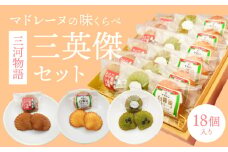 三河物語 三英傑セット～碧南が発祥の白醬油、三英傑が愛した西尾の抹茶、徳川家康お膝元の八丁味噌を使ったマドレーヌの味くらべセット～18個入り H043-011