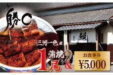 【備長炭で焼く“いい焦がし”】三河一色産うなぎの蒲焼１尾と「勝〇食事券5,000円分」鰻 ウナギ 蒲焼 たれ タレ 国産 備長炭 土用 丑の日 冷凍 三河一色産 食事券 H189-006