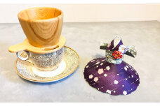 No.086 飛沫防止カバー［華姫（R）］紫色＆Hinoki coffeedripper 各1 ／ ヒノキ ドリッパー 着物ドールリウム 愛知県