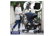119-2_ベビーカー 二人でゴー（ブラック）3点セット｜カトージ KATOJI ブランド 子育て お出かけ 2人乗り 二人乗り お散歩 子ども 子供 旅行 キッズ 兄弟 姉妹 コンパクト スタイリッシュ おしゃれ 赤ちゃん ベビー ベビーカー 2人でゴー ブラック レインカバー リアシート 3点セット セット