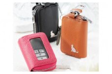 【本革スマートキーケース】＜ブラック＞ ねこ おしゃれ 可愛い コンパクト スリム 猫 レザー 窓つき 収納