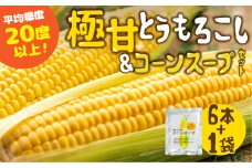 【夏採れお届け】 平均糖度20度以上 極甘とうもろこし 6本 ＋ コーンスープ 鮮度保持袋入り 