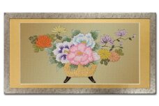 額装用 日本刺繍 「花かご」台生地「金」×額装「シルバー」 刺繍 伝統工芸 愛西市 / 百武打敷店 [AEBR007]