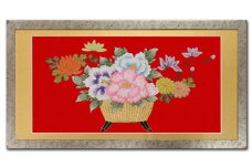 額装用 日本刺繍 「花かご」台生地「赤」×額装「シルバー」 刺繍 伝統工芸 愛西市 / 百武打敷店 [AEBR009]