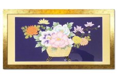 額装用 日本刺繍 「花かご」台生地「紫」×額装「ゴールド」 刺繍 伝統工芸 愛西市 / 百武打敷店 [AEBR012]