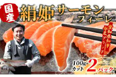 国産サーモン 生食可 無添加 絹姫サーモン カット 200g（100g×2) スペシャルトラウトサーモン 冷凍フィーレトラウトサーモン 鮭 魚 刺身 お刺身 ご当地 天然 産地直送 川育ち 味付けなし 魚介 魚介類 -120