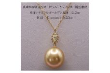 1853 【真珠科学研究所オーロラムーンレインボー鑑別書付】K18　南洋ナチュラルゴールデン真珠12.2mm　ダイヤモンド0.20ct 　ペンダントネックレス