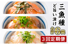 【定期便３回】３種の魚の漬け丼 食べ比べセット（計６袋セット × ３回）ふるさと納税 魚 冷凍 加工品 惣菜 おすすめ おいしい 刺身 おせち セット 産地直送 国産 海鮮 漬け 真空パック 小分け 惣菜 人気 海鮮丼 漬け丼 サーモン 鮭 さけ ブリ 鰤 ぶり 鯛 たい タイ 真鯛 正月 お正月 年末 ふるさと納税 ランキング マグロ専門店 尾鷲市 KI-47
