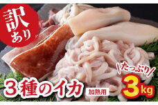 【訳あり】３種のイカ たっぷり ３kg ! ＜加熱用＞ アカイカ マツイカ モンゴウイカ 詰め合わせ 小分け 個別包装 下処理済　いか IKA 烏賊  肉厚 イカ焼き イカ飯 BBQ イカゲソ 煮物 からあげ 天ぷら 炒め物 サラダ おつまみ などに  使いやすい 烏賊 イカ 海鮮 魚介 贈答  ギフト 贈り物 冷凍 三重県 尾鷲市 人気 大満足 返礼品 MT-11