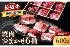 松阪牛　極上　焼肉 　おまかせ6種　600g　 極上の柔らかさ 化粧箱入り 柔らかい 松坂牛 松阪肉 霜降り 高級ブランド牛 ロース サーロイン ステーキ ビフテキ 焼肉 自宅用 贈答品 化粧箱 ギフト お歳暮 牛肉 とろける 和牛 三重県 A4 A5 特産松阪牛 カルビ モモ バラ カタ TKG-51