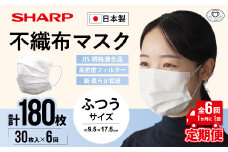 【定期便】シャープ製 不織布マスク ふつう サイズ 30枚入×6回 計180枚 | 日本製 国産 シャープ SHARP sharp 不織布 マスク ますく プリーツ型 飛沫 対策 日用品 おすすめ 人気 普通 標準 白 三重県 多気町 SH-0106