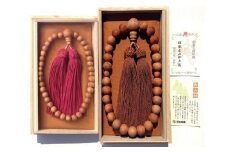 御山杉　お念珠　男女ペア　男性用：金茶　女性用：ワインレッド／世古林業　銘木　数珠　三重県　度会町　伊勢志摩