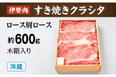 （冷蔵）伊勢肉　すき焼き　クラシタ　（　ロース　肩ロース　）　約600ｇ　木箱入り／お取り寄せ　名産　特産　松阪牛　ルーツ　伊勢牛　黒毛和牛　牛肉　伊勢志摩　国産　ふるさと納税