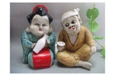 【信楽焼】お多福＆ひょっとこ  金運  　縁起招福　置物（nta-102）