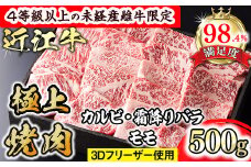 【森三商会】4等級以上の未経産雌牛限定　近江牛極上焼肉500g(カルビ・霜降りバラ・モモ)【GM11U】