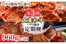 【定期便】定期便　和牛入国産牛　ハラミ焼肉　秘伝の自家製タレ漬け(480g×2)全３回【FO52U】