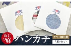 「近江の麻」ハンカチ3枚セット 麻絲商会 滋賀県 東近江市 A-E27 麻 リネン 高級 ギフト プレゼント 吸水 速乾 薄手 洗える 無地 男女兼用 日本製 贈り物 手土産
