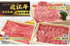  定期便 3回 特選 黒毛和牛 計1740g 近江牛 食べ比べ 冷蔵 焼肉 しゃぶしゃぶ 定期便 肉 サーロインステーキ すき焼き BBQ 日本三大和牛 ブランド 鉄板焼き 滋賀県 竜王町 毛利志満 ギフト 贈り物