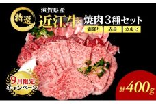 【9月末までの限定価格】近江牛 特選 焼肉 3種盛り 約400g 牛肉 黒毛和牛 焼き肉 焼肉用 カルビ 赤身 霜降り 肉 和牛 納期 最長3カ月 cp2509