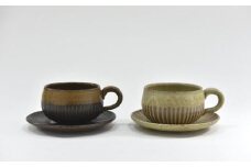 京焼 コーヒー 碗 / 皿 2種セット 「 遙白釉 ＆ 新羅釉 / 木賊紋 」( ピスタチオグリーン ＆ 黒 ) ペア 珈琲 カップ ソーサ― 受け皿 ティーカップ プレート セット 工芸品 伝統工芸 食器 陶器 食洗器 OK 宇治田原 京都