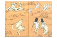 【芸艸堂】和綴じ製本の御朱印帳（鳥獣戯画・猫）＆てぬぐい（白地に赤千鳥）