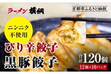 【ラーメン横綱】横綱の餃子はニンニク不使用! ぴり辛餃子＆黒豚餃子10パックセット(各5パック)［ 京都 ラーメン 有名店 餃子120個セット 黒豚＋ピリ辛 冷凍食品 大容量 おいしい 簡単 便利 人気 おすすめ 中華 中華料理 ぎょうざ 餃子 お取り寄せ 通販 送料無料 ふるさと納税 ］