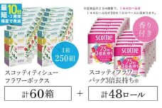 【ボックスティッシュ60箱＋トイレットロール48ロール セット】スコッティ ティシュー フラワーボックス 250組60箱 (1ケース5箱×12パック) と スコッティ フラワーパック3倍長持ち（ダブル）48ロール（4ロール×12パック）/ 日用品 ティッシュ トイレットペーパー セット 消耗品 備蓄 防災 大容量 大人気 おすすめ 肌触り 日本製 たっぷり 国産 クレシア まとめ買い ストック