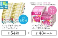 【ボックスティッシュ54箱＋トイレットロール48ロール セット】スコッティ ティシュー フラワーボックス 250組 54箱 (1ケース3箱×18パック) と  スコッティ フラワーパック 3倍長持ち 48ロール （4ロール×12パック）/ 日用品 ティッシュ トイレットペーパー セット 消耗品 備蓄 防災 大容量 大人気 おすすめ 肌触り 日本製 たっぷり 国産 クレシア まとめ買い ストック