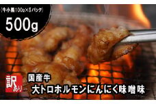 【 訳あり 】 国産牛 大トロホルモン にんにく味噌味 500g （100gパック） 小分け ニンニク ガーリック 味噌味 ホルモン 焼き 焼肉 味付 小分け 冷凍 味噌だれ 不揃い 焼き肉 炒め物 国産 牛 肉 京都府 舞鶴市 幸福亭