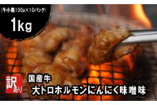 【 訳あり 】 国産牛 大トロホルモン にんにく味噌味 1kg （100gパック） 小分け ニンニク ガーリック 味噌味 ホルモン 焼き 焼肉 味付 小分け 冷凍 味噌だれ 不揃い 焼き肉 炒め物 国産 牛 肉 京都府 舞鶴市 幸福亭