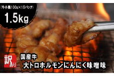 【 訳あり 】 国産牛 大トロホルモン にんにく味噌味 1.5kg （100gパック） 小分け ニンニク ガーリック 味噌味 ホルモン 焼き 焼肉 味付 小分け 冷凍 味噌だれ 不揃い 焼き肉 炒め物 国産 牛 肉 京都府 舞鶴市 幸福亭