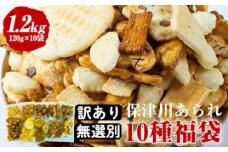 【訳あり・生活応援】訳あり＜保津川あられ本舗＞無選別あられ 10袋セット 計1.2kg《割れ 不揃い あられ われ おかき 詰め合わせ ギフト 贈り物 無選別 10種類 フードロス 規格外 菓子》【9/30まで 寄附額改定】