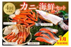 【海鮮定期便　4回／1月発送～】店主厳選！おすすめカニ・海鮮セット（カット生ズワイガニ4肩・ボイルズワイガニ4肩・塩銀鮭切身約1kg・活イカ姿造り　中サイズ 1杯200g前後）海鮮 定期便 カニ 定期便 海鮮 頒布会　YK00254