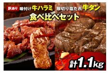 【訳あり】牛ハラミ（サガリ） 秘伝のタレ込み 味付け肉＆やわらか厚切り 塩だれ牛タン 食べ比べセット 計1.1kg　YK00475