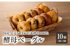 国産小麦＆自家培養酵母100％　酵母ベーグル5種×2個 10個セット ベーグルセット プレーン ベーグルパン パンベーグル もちもちベーグル プレーンベーグル チョコベーグル チーズベーグル 胡桃ベーグル オレンジベーグル 酵母 朝食 おやつ【065-10】