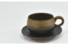 京焼「新羅釉木賊紋コーヒー碗・皿」(黒)１セット〈コーヒーカップ ティーカップ 京焼 手作り カップ お皿 セット 食器 陶器 工芸品 新羅釉 木賊紋〉 S1705