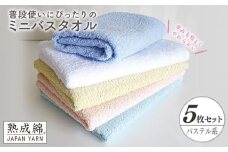 【スピード発送】泉州タオル「普段使いにぴったりのミニバスタオル」５枚セット（パステル系）【泉州タオル 国産 吸水 普段使い 無地 シンプル 日用品 家族 ファミリー】