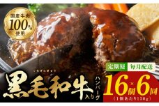 黒毛和牛入り 国産牛肉100％ ハンバーグ 定期便 16個×全6回 150gサイズ【毎月配送コース 個包装 ハンバーグ 牛肉 はんばーぐ 小分け 惣菜 冷凍 数量限定】