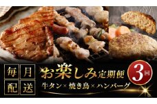 桜文 お楽しみ 定期便 全3回（牛タン／焼き鳥／黒毛和牛入り BIGハンバーグ）【毎月配送コース 個包装 人気 はんばーぐ 焼き鳥 牛たん 小分け 惣菜 冷凍 数量限定】
