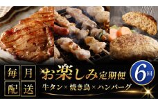 桜文 お楽しみ 定期便 全6回（牛タン／焼き鳥／黒毛和牛入り BIGハンバーグ）【毎月配送コース 個包装 人気 はんばーぐ 焼き鳥 牛たん 小分け 惣菜 冷凍 数量限定】