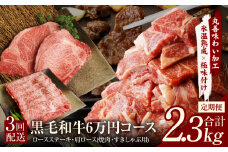 黒毛和牛 定期便 全3回 （ステーキ／すき焼き・しゃぶしゃぶ／焼肉）6万円コース 丸善味わい加工【毎月配送コース】