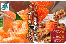 【自慢の逸品3セット】アトランティックサーモン 200g×2P ＆ イクラ醤油漬け 80g×2P ＆ 黒毛和牛 極旨 牛丼の素 160g×3袋【食べ比べ 小分け 時短 簡単便利 つまみにもオススメ 北国からの贈り物】