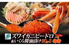 【厳選食べ比べ】本ズワイしゃぶ ビードロカット 1kg前後 蟹酢付 昆布塩加工 & いくら醤油漬け 80g×2P【海鮮 食べ比べ 北国からの贈り物 冷凍】