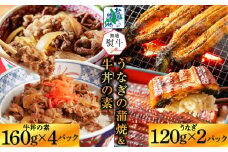 【無地熨斗】五郎藤 国産 関西風 地焼き 有頭旨鰻 120g×2尾 ＆ 黒毛和牛 牛丼の素 160g×4P【食べ比べ 人気 惣菜 北国からの贈り物 厳選 冷凍 数量限定】
