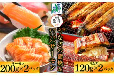 【無地熨斗】五郎藤 国産 有頭旨鰻 120g×2尾 ＆ アトランティックサーモン 200g×2P【人気 食べ比べ 数量限定 丼 小分け 北国からの贈り物】