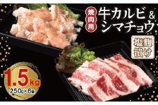 牛カルビ＆シマチョウ 塩麹漬け 焼肉セット 合計1.5kg【味付け 小分け 焼くだけ 簡単調理 BBQ 250g×6袋 牛肉 ホルモン】
