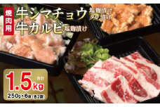 牛シマチョウ（タレ漬け+塩麹）＆塩麹漬け牛カルビの焼肉セット  合計1.5Kg（1袋250ｇ×各2袋） 【味付け 小分け 焼くだけ 簡単調理 BBQ 牛肉 ホルモン 250g×6袋】