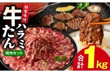 牛タン＆牛ハラミ お試し 1kg 焼肉セット【成型牛たん ハラミ 味付き 牛肉 やきにく BBQ 薄切り スライス 訳あり サイズ不揃い】