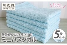普段使いにぴったりのミニバスタオル 5枚【アクアブルー 泉州タオル 高品質 綿100％ 日本製 国産 単色 シンプル】