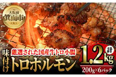 味付けトロホルモン(計1.2kg・200g×6パック) 国産 焼肉 絶品 特Ａランク ホルモン ホルモン焼き 牛肉 味付け トロ 牛トロ モツ 牛モツ 小腸 バーベキュー 冷凍【m25-07】【有限会社Two Village】